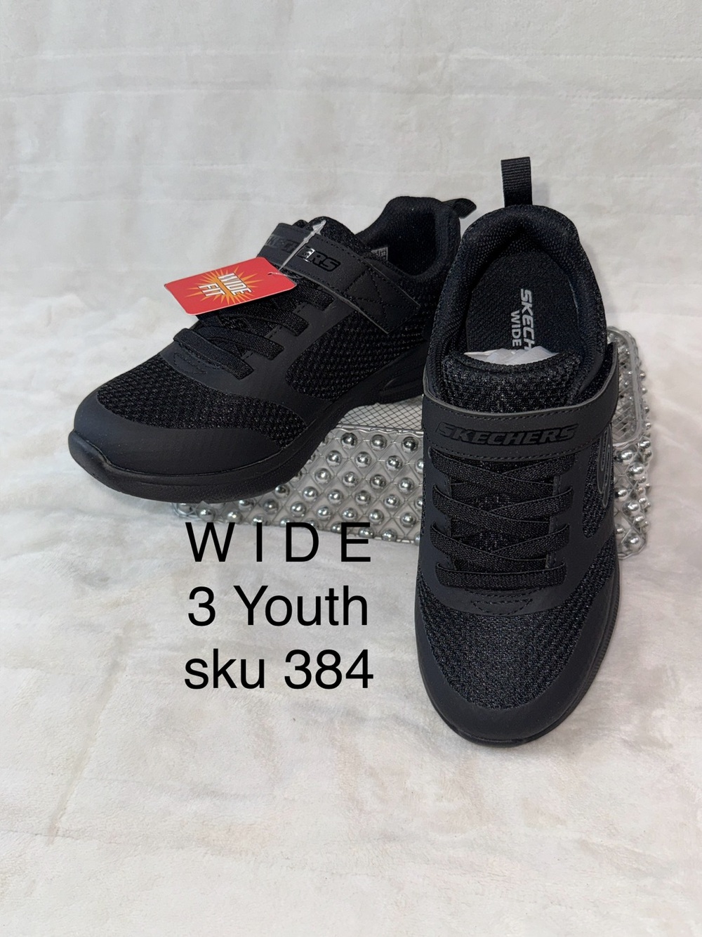 Skechers Kids size 3 Wide-Fit Lace & Hook Black Athletic Sneakers